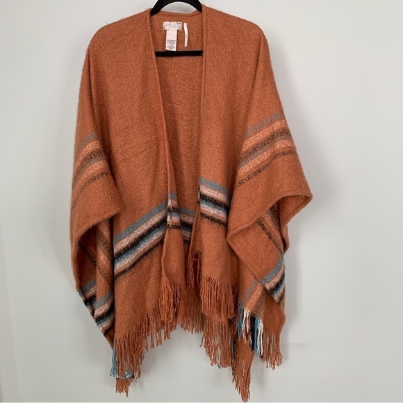 Free People Sweaters - Free People Ruana Plaid Fringe Wrap Blanket Sweater Wrap OS